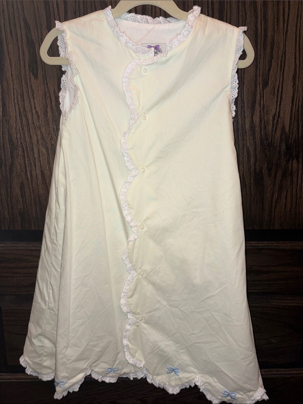 Girls Cream Dress with Lace Trim and Blue Bows